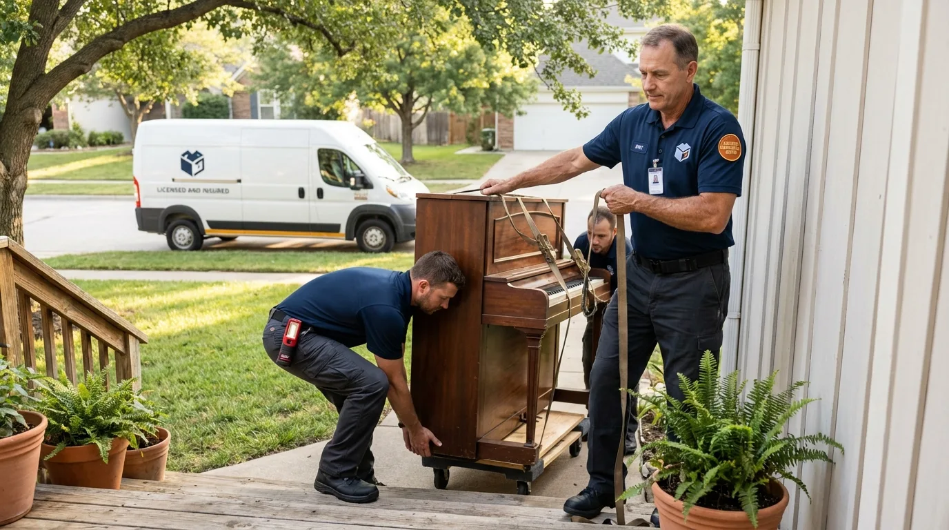 Licensed piano movers securing grand piano in Rocky Mount, VA