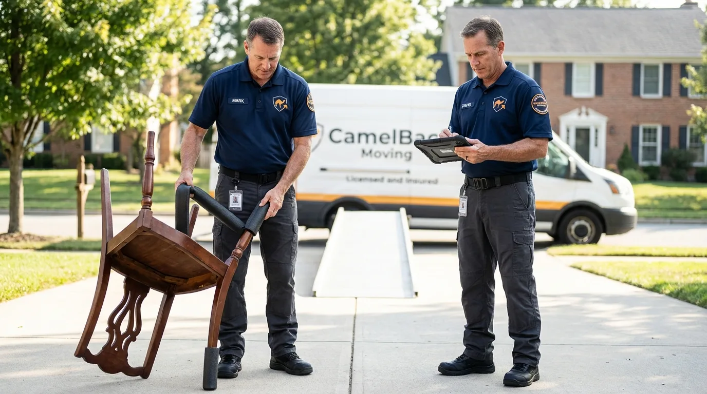 Movers inspecting furniture for damage prevention before loading in Rocky Mount, VA
