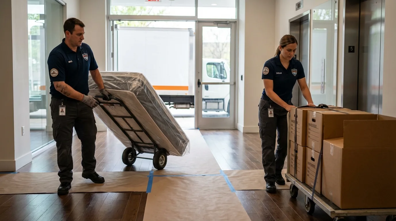 Professional apartment movers loading elevator in Rocky Mount, VA